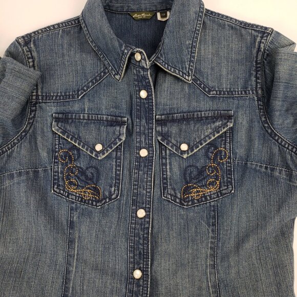 Eddie Bauer XSP Blue Denim Shirt Jacket Snaps Pockets Embroidery Womens Petite - Picture 7 of 16